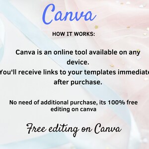May include: Text on a pink and blue background that reads "Canva" in blue text. The text "HOW IT WORKS:" is in black text. The text "Canva is an online tool available on any device. You'll receive links to your templates immediately after purchase. No need of additional purchase, its 100% free editing on canva. Free editing on Canva" is in black text.