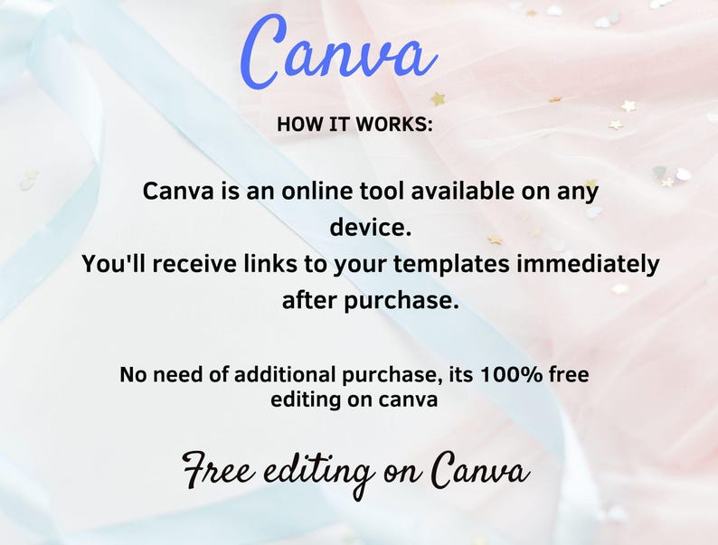 May include: Text on a pink and blue background that reads "Canva" in blue text. The text "HOW IT WORKS:" is in black text. The text "Canva is an online tool available on any device. You'll receive links to your templates immediately after purchase. No need of additional purchase, its 100% free editing on canva. Free editing on Canva" is in black text.