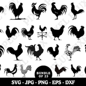 Könnte beinhalten: Ein Set mit 25 schwarzen und weißen Hahn-Silhouetten. Die Hähne sind in verschiedenen Posen, darunter stehend, gehend und krähend. Die Silhouetten sind perfekt für die Verwendung in der Handwerkskunst, im Scrapbooking oder im digitalen Design.