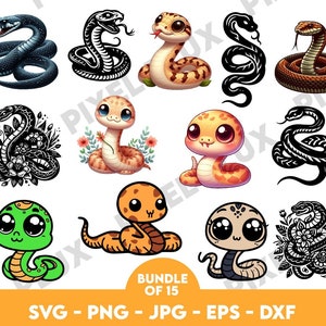 Puede incluir: Un conjunto de 15 imágenes de clipart digital que presentan serpientes de dibujos animados lindas en varias poses y estilos. Las serpientes se representan en blanco y negro, verde, naranja y marrón. Algunas serpientes tienen acentos florales y otras tienen ojos grandes. Las imágenes son perfectas para proyectos de manualidades, scrapbooking y diseño digital.