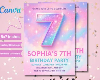 Glitter Rainbow 7th Birthday Invitation: Editable Pastel Template (Digital Download)