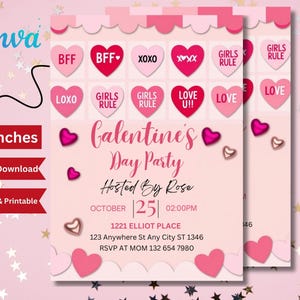 Galentine&#39;s Invitation Girls Galentine Party Girl&#39;s Night Invite Editable Valentines Invitation Pink Candy Hearts Template Custom Valentine