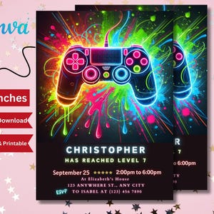 Editable Neon Game On Level Up Gaming Birthday Party Invitation, Video Game Birthday Invitation, Glow Game Party Printable Canva Template