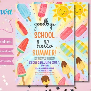 Ende der Schule Party-Einladung, Schule-Aus-Party einladen, Auf Wiedersehen Schule Hallo Sommerparty ein, Eis am Stil einladen, Sommerparty, Eiscreme einladen