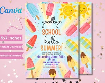 May include: A colorful invitation card with a summer theme. The card features a rainbow background with ice cream cones and popsicles. The text on the card reads "goodbye school hello summer!" and includes details for a summer party.