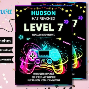 Editable Neon Game On Level Up Gaming Birthday Party Invitation, Video Game Birthday Invitation, Glow Game Party Printable Canva Template