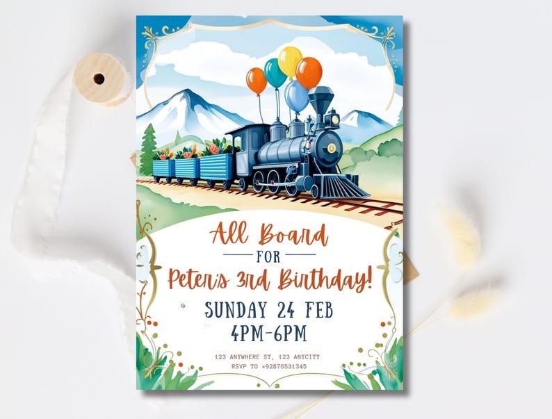 Editable Train Birthday Invitation Template, Toy Train Invitation for any age, Train Birthday Invitation, instant download canva template