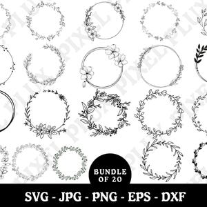 Puede incluir: Un conjunto de 20 archivos de corte SVG de corona de flores en blanco y negro. Las coronas están hechas de líneas simples y son perfectas para agregar un toque de elegancia a tus diseños.