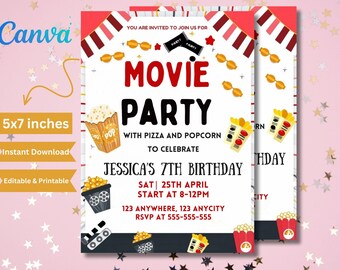 May include: A movie party invitation with a white background, featuring the text "MOVIE PARTY" in red. The invitation includes illustrations of popcorn, film reels, and 3D glasses. The size is 5x7 inches.
