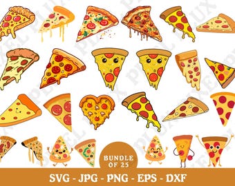 May include: A set of 25 colorful cartoon pizza illustrations. The pizzas are in various shapes and sizes, including heart-shaped, square, and round. Some pizzas have smiling faces. The illustrations are perfect for crafting, scrapbooking, and other creative projects.