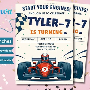 Editable Race Car Birthday Invitation, Racecar Party, Racing Party, Sport Race Car Invite, Boys Invitation, Car Birthday, Canva Template