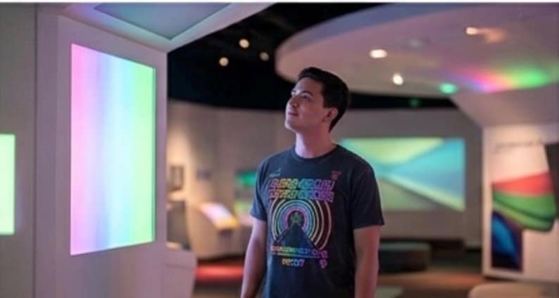 Puede incluir: Una camiseta de manga corta gris oscuro con un estampado gr&aacute;fico de una pir&aacute;mide de colores del arco&iacute;ris con l&iacute;neas circulares conc&eacute;ntricas y texto, usada en una habitaci&oacute;n iluminada con grandes paneles que muestran degradados.
