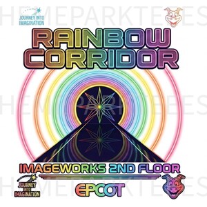 Puede incluir: Un dise&ntilde;o gr&aacute;fico con el texto RAINBOW CORRIDOR, IMAGEWORKS 2ND FLOOR y EPCOT. La imagen muestra un portal circular oscuro central con una estrella, rodeado de anillos conc&eacute;ntricos de colores del arco&iacute;ris y un icono de drag&oacute;n morado.