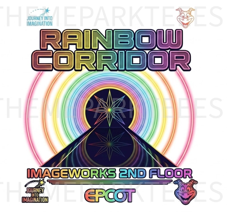 Puede incluir: Un dise&ntilde;o gr&aacute;fico con el texto RAINBOW CORRIDOR, IMAGEWORKS 2ND FLOOR y EPCOT. La imagen muestra un portal circular oscuro central con una estrella, rodeado de anillos conc&eacute;ntricos de colores del arco&iacute;ris y un icono de drag&oacute;n morado.