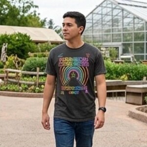 Puede incluir: Una camiseta gris carb&oacute;n de manga corta con un estampado gr&aacute;fico colorido de un arco&iacute;ris sobre una estrella, con texto encima y debajo del arco&iacute;ris. La camiseta se combina con pantalones vaqueros azules para un estilo informal y sencillo.
