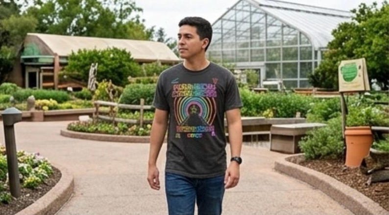 Puede incluir: Una camiseta gris carb&oacute;n de manga corta con un estampado gr&aacute;fico colorido de un arco&iacute;ris sobre una estrella, con texto encima y debajo del arco&iacute;ris. La camiseta se combina con pantalones vaqueros azules para un estilo informal y sencillo.