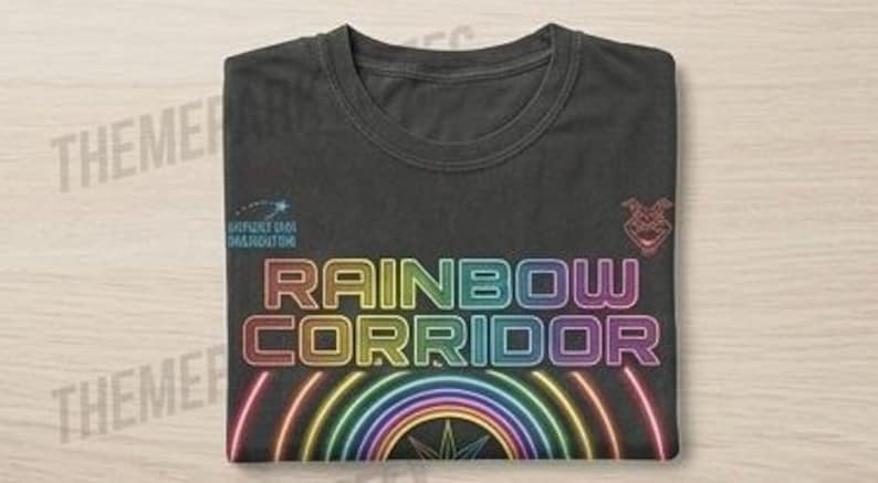 Puede incluir: Una camiseta negra de cuello redondo con el texto RAINBOW CORRIDOR en una fuente de degradado multicolor. Debajo del texto hay un gr&aacute;fico de un arco&iacute;ris multicolor. Un peque&ntilde;o icono de estrella fugaz est&aacute; a la izquierda y un icono de cabeza a la derecha.