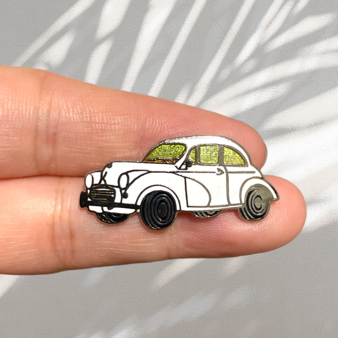 White Morris Minor Car Lapel Pin Badge, Morris Motors Enthusiast Gift, Morris Motors Lapel Pin