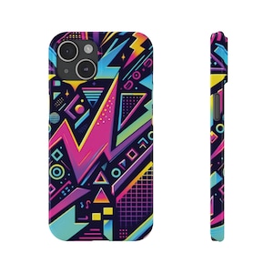 May include: A phone case with a geometric pattern in shades of pink, blue, yellow, and green on a black background.