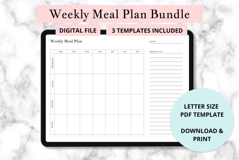 Weekly Meal Planner and Grocery List Printable Template | Food Prep ...