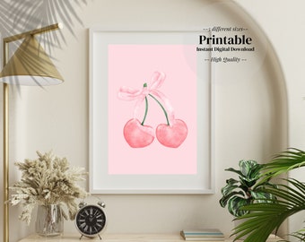 pink heart cherries | trendy wall art | girl room decor | cute coquette digital wall art | instant dowload poster | valentines