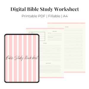 Peut inclure: Une feuille de travail d'étude biblique numérique imprimable au format PDF. La feuille de travail comporte des sections pour la date, les détails, les notes et les définitions. L'arrière-plan est à rayures roses et blanches.