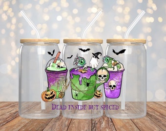 Dead inside but spiced 16 oz glass cup with bamboo lid and glass straw