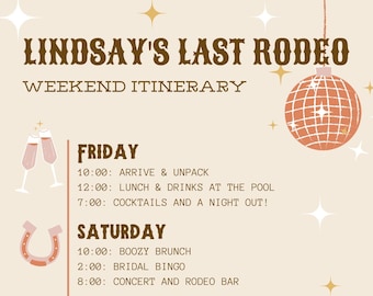 Itinéraire du dernier week-end de rodéo entre célibataires | Modèle personnalisable Canva | Nashville, Austin, thème western