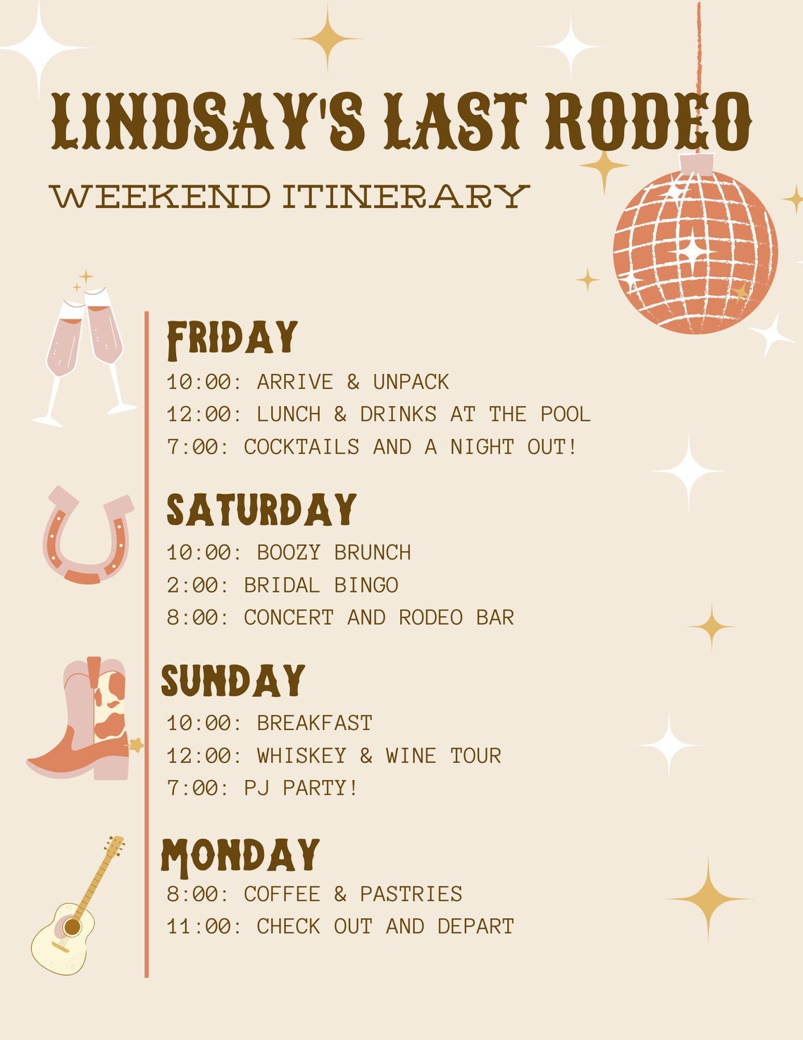 Last Rodeo Bachelorette Weekend Itinerary | Canva Customizable Template ...
