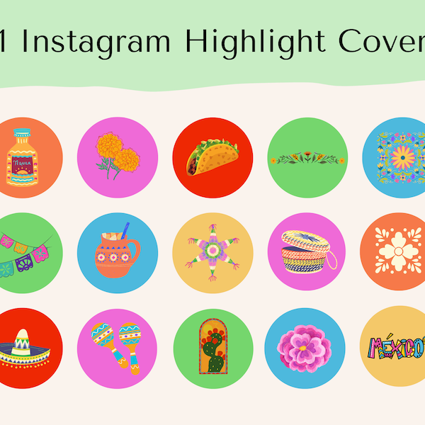 21 Mexican Instagram Highlight Covers | Mexican Culture Highlight Covers | Clip Art Highlight Covers | Bright Colors | Phone Wallpaper |
