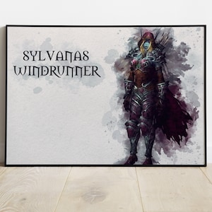 May include: A watercolour painting of Sylvanas Windrunner, a character from the World of Warcraft video game. She is depicted in a dark, armoured outfit with a red hood and a bow and arrow. The background is a light grey with watercolour splatters.