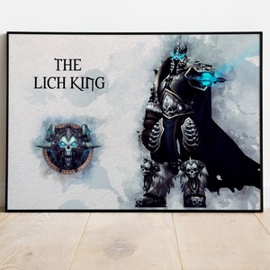 May include: A digital painting of the Lich King from World of Warcraft. The Lich King is a skeletal figure wearing a crown and armor. He is holding a weapon in his right hand and has a blue glow around him. The text "THE LICH KING" is written in white letters at the top of the image.