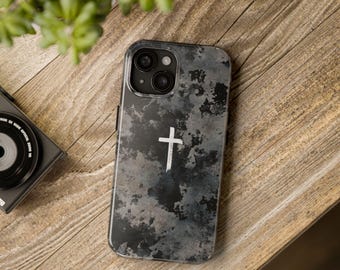 White Cross On Gray Camo Christian iPhone Case, Cross iPhone Case, Catholic iPhone Case, Faith iPhone Case, iPhone 17 16 15 14 13 12 11 PRO