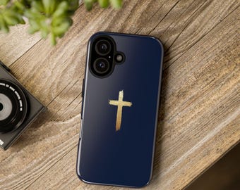 Gold Cross on Navy Blue Background Christian Magsafe iPhone Case, Catholic Crucifix iPhone Case, Faith iPhone 17 16 15 14 13 PRO Gift
