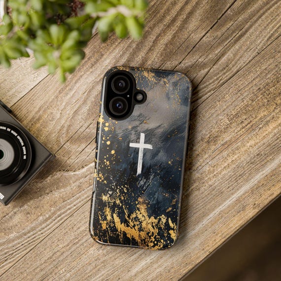 Minimalist Cross On Grey And Gold Christian Phone Case, Catholic Phone Cover, Faith iPhone 17+ Samsung Galaxy S26+ Google Pixel 9+ Gift