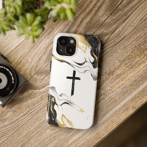 Cross On Black and Gold Marbke Design Christian iPhone Case, Catholic iPhone Cover, Bible Phone Case, Faith iPhone 16 15 14 13 12 11 X Gift