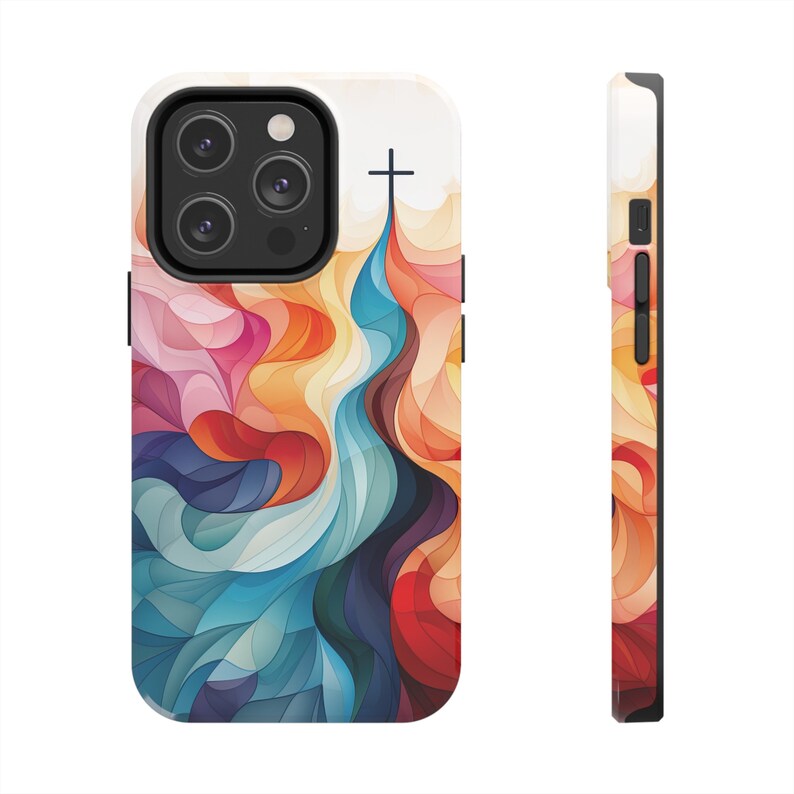 May include: A phone case with a colorful abstract design featuring a cross at the top. The design is made up of swirling lines and shapes in shades of blue, red, orange, and yellow.