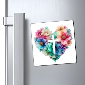 Hart en kruis bloemen christelijke magneet, geloof koelkastmagneet, kleurrijke katholieke magneet, schattige bijbelcadeaumagneet, christelijk huiskeukencadeau
