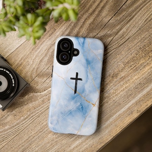 Elegant Cross On Blue Marble Design Christian Phone Case, Catholic Phone Cover, Faith iPhone 16+ Samsung Galaxy S25+ Google Pixel 9+ Gift