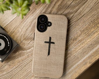 Leinen Textur Handyhülle, rustikale Bauernhaus einfach Glaube religiöses Geschenk, Robuste iPhone 17+ Samsung Galaxy S25+ Pixel 9+ Hülle