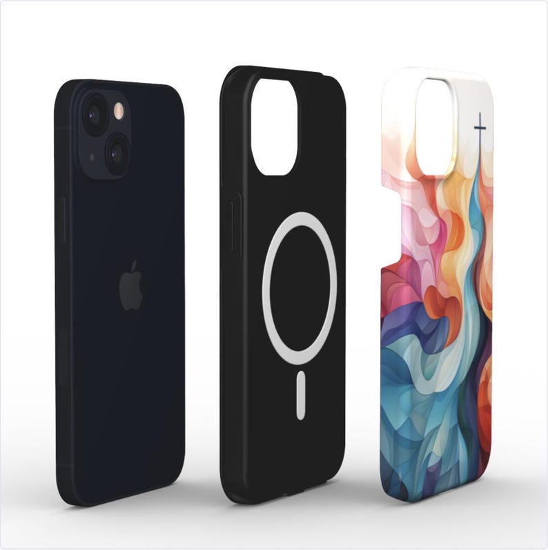 May include: Three phone cases, one black with a white ring and a white dot, one black with a camera lens, and one with a colorful abstract design.