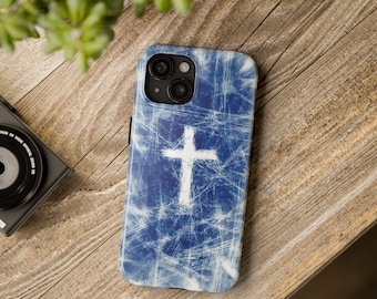 Kors på rustik blå bakgrund kristet iPhoneskal, katolskt iPhoneskal, bibeltelefonskal, trostelefon 16 15 14 13 12 11 X PRO MAX gåva