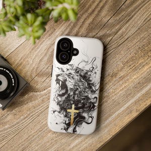 Lion of Judah & Gold Cross Christian Phone Case, Modern Faith Phone Acessory Gift, Tough iPhone 17+ Samsung Galaxy S25+ Pixel 9+ Cover