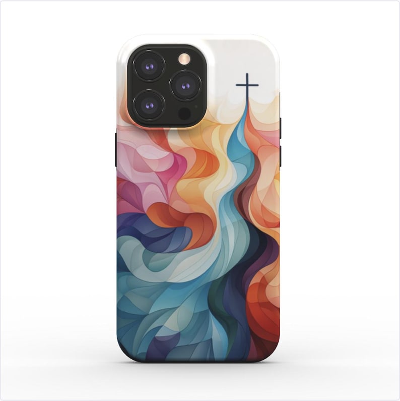 May include: A white phone case with a colorful abstract design featuring a cross at the top. The design is a mix of blue, orange, pink, and yellow.