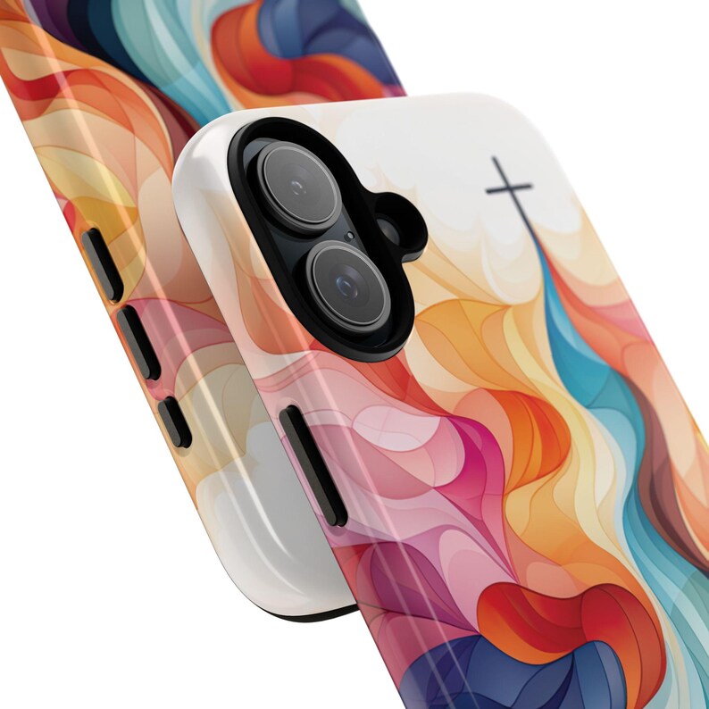 May include: A colorful phone case with a cross design and abstract swirls in shades of orange, yellow, pink, blue, and red.