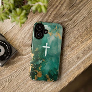Brushed Cross On Emerald Gold Wall Christian Phone Case, Bible Cross Phone Case, Faith iPhone 16+ Samsung Galaxy S25+ Google Pixel 9+ Gift