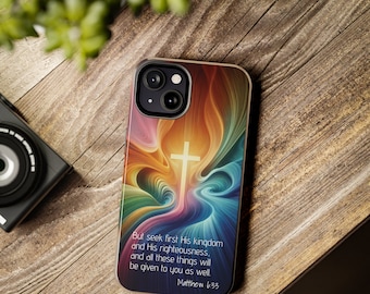 Seek First His Kingdom Matthew 6:33 Bible Scripture Christian iPhone Case, Tough Dual Layer Faith iPhone 17 16 15 14 13 12 PRO MAX Gift