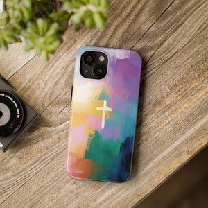 White Cross On Abstract Pastel Watercolor Background Christian Catholic iPhone Case, Bible Phone Case, Faith iPhone 16 15 14 13 12 11 X Gift