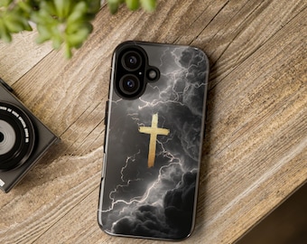 Gold Kreuz Lichtdesign Glaube Handyhülle, iPhone Geschenk Accessoire, Tough Religious iPhone 17+ Samsung Galaxy S25+ Pixel 9+ Cover