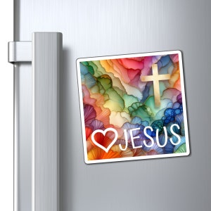 Love Jesus Christian koelkastmagneet, Rainbow Faith-magneet, gouden kruismagneet, kleurrijke katholieke magneet, vrolijk christelijk huiskeukencadeau